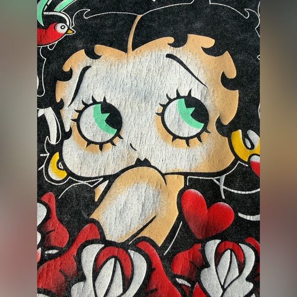 Betty Boop Graphic Tee Acid Wash Black Size L Roses Swallow Birds - Picture 5 of 6